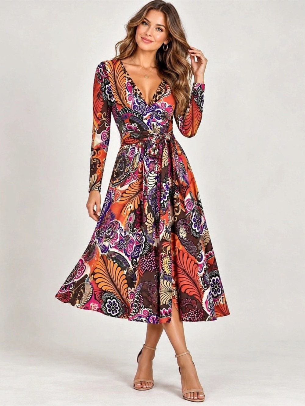 Uncle Frank Retro 70s Mod Paisley Long Sleeve Tie-Waist Midi Dress for Fall Smal